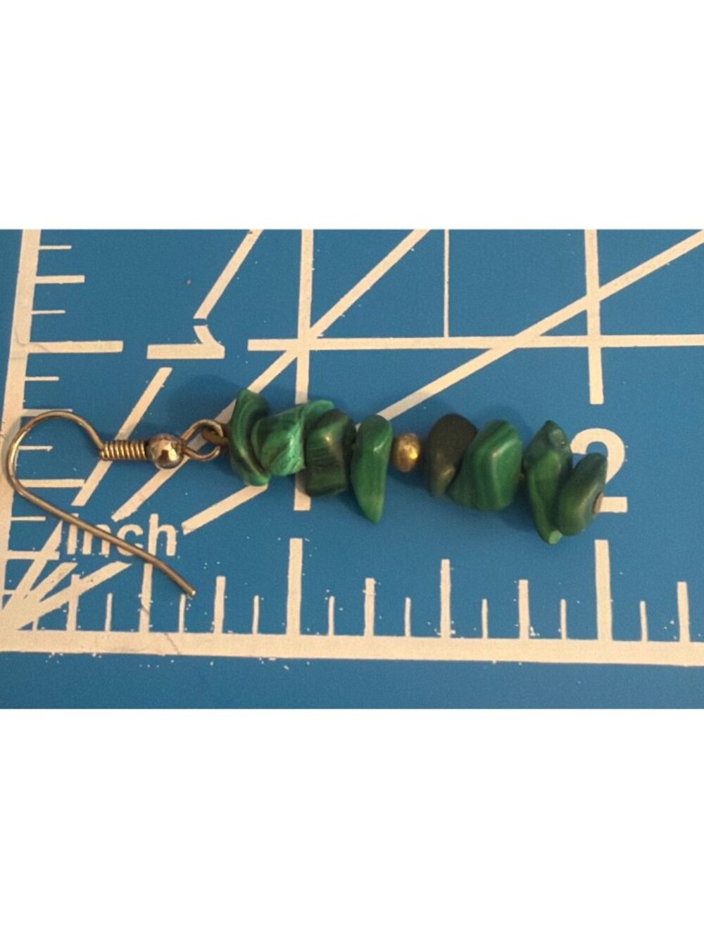 Malachite Chip Beaded Dangle Earrings Silver Tone Hooks 2" Long Natural - Picture 4 of 5